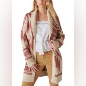 Lucky Brand Beige and Burgundy Knit Cardigan